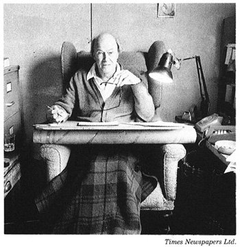 Roald Dahl sitting in his writing hut.